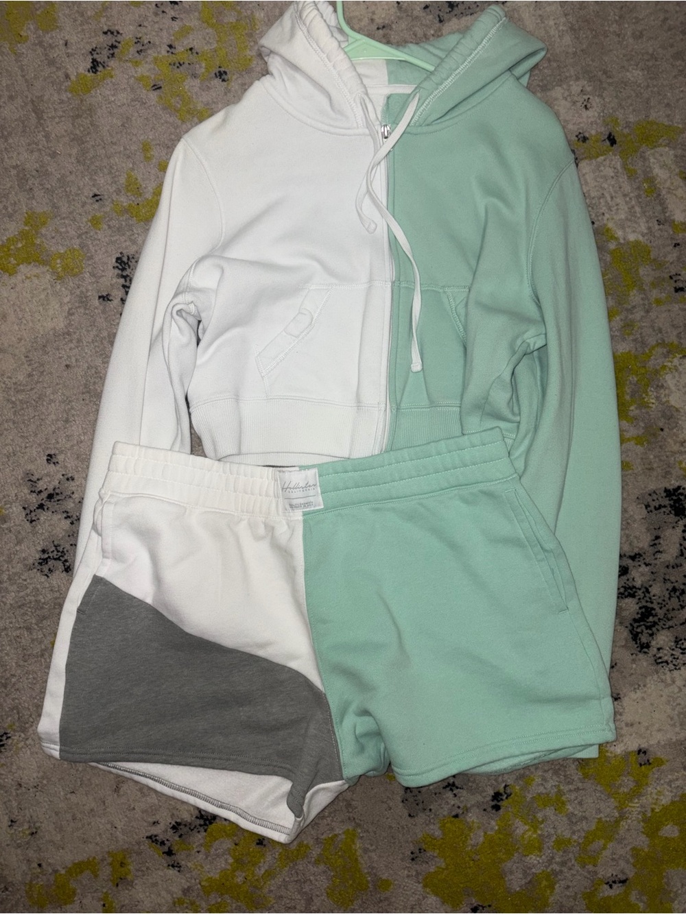 Hollister Mint, White & Gray Colorblock Shorts & Hoodie set